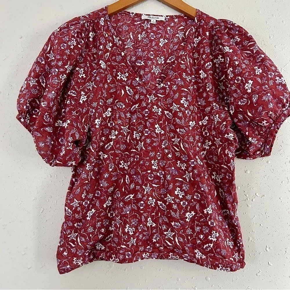 Madewell V-Neck Puff Sleeve Top in Batik Vine Weathered Brick Blouse Small